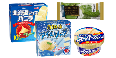 明治冰品系列產品：北海道牛奶香草雪糕、角10棒蘇打冰棒、辻利濃抹茶巧克力脆皮雪糕、明治超級杯冰淇淋香草口味